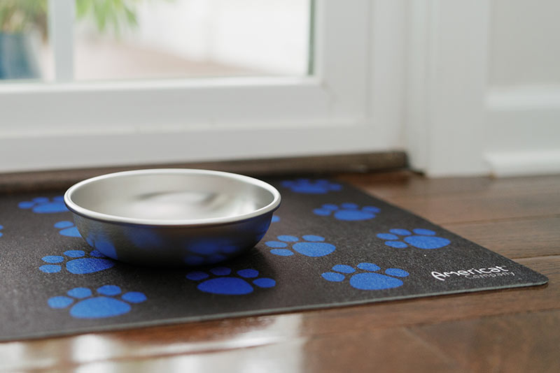 Stainless steel cat food dish on cat feeding mat