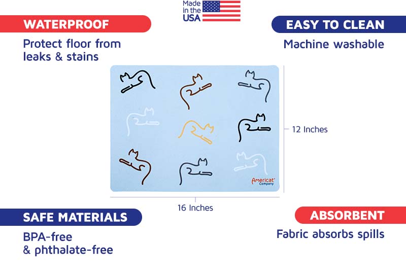 Waterproof, machine washable, made in USA cat feeding mat