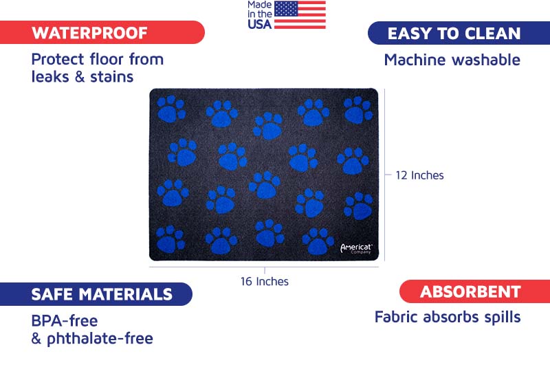 Made in USA, waterproof, machine washable cat feeding mat