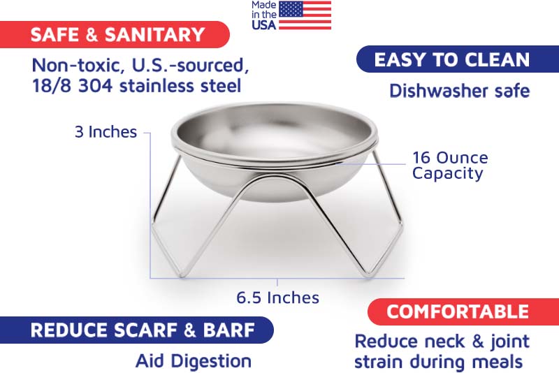 Raised Cat Bowl Stand for Food & Water by Americat – Made in USA –  Stainless Steel, Spill-Proof Elevated Feeder, Dishwasher Safe, Human Grade,  Whisker